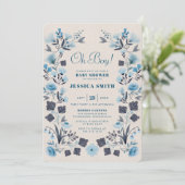 Moderne Boho Folk Blue Boy Baby Dusche Einladung (Stehend Vorderseite)