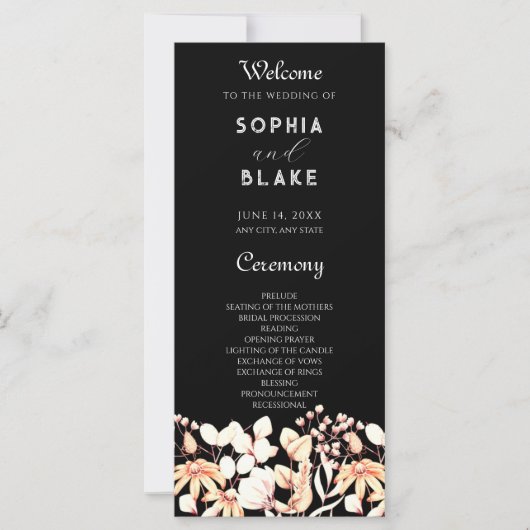 Moderne Boho-Garten-Schwarze Hochzeitsprogramm (Vorderseite)