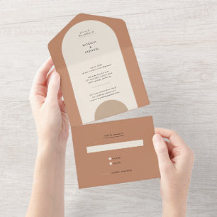 Moderne Boho-Geometrische Terrakotta-Hochzeit im B All In One Einladung