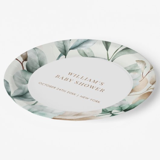 Moderne Boho Greenerenery Blätter Kinderdusche Pappteller (Schrägansicht)