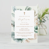 Moderne Boho Greenery Cross Taufe Einladung (Stehend Vorderseite)