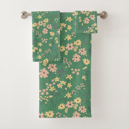 Moderne Boho-Grün-Blumen-Hausdekoration Badhandtuch Set (Insitu)