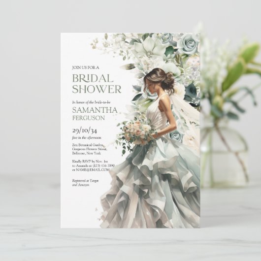 Moderne boho grüne Eukalyptus-Braut mit Schleier Einladung (Stehend Vorderseite)