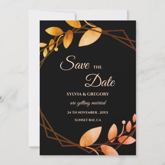 Moderne Boho Herbstromantik dunkles Thema Save The Date (Vorderseite)