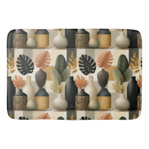 Moderne Boho-Keramikvasen und botanische Blätter Badematte