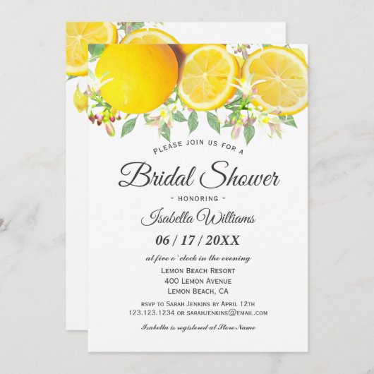 Moderne Boho Lemon Summer Bridal Dusche Einladung (Vorne/Hinten)