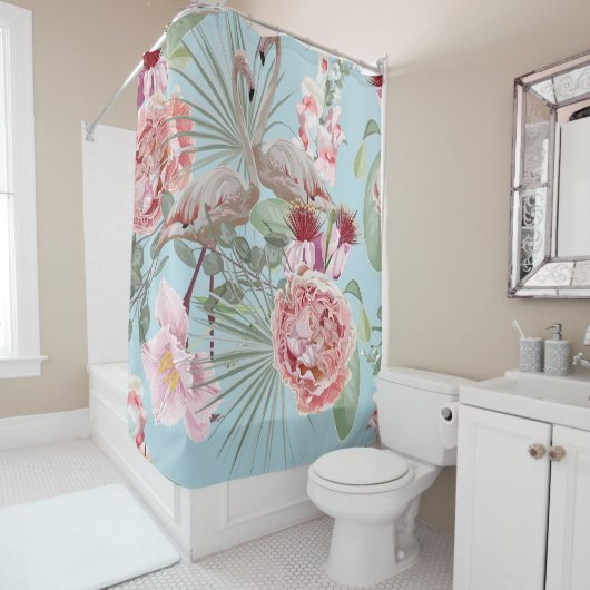 Moderne boho luxuriöse Garten Flamingo Blume blau Duschvorhang (Beispiel)