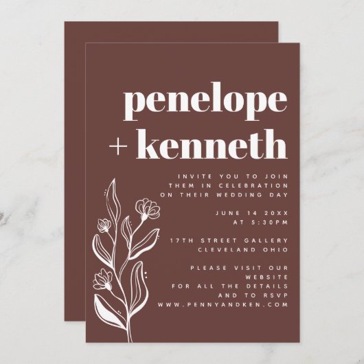 Moderne Boho Minimalistisch Brown Wedding Einladung (Vorne/Hinten)