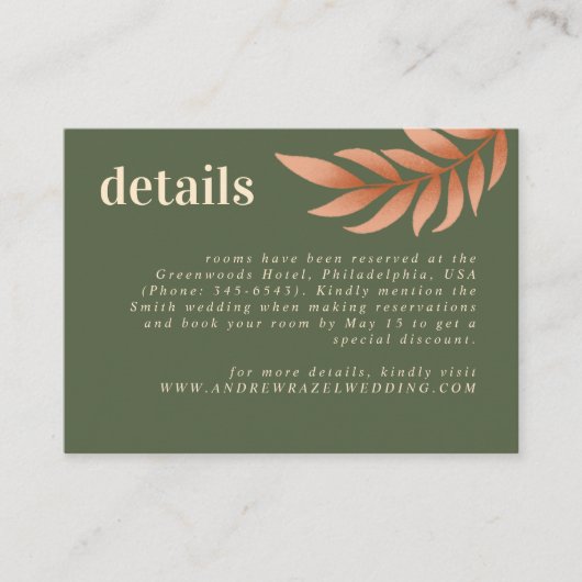 Moderne Boho Moss Grün und Leaf Hochzeitsdetails Begleitkarte (Vorderseite)