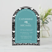 Moderne Boho Muster Foto Arch Green Wedding Einladung (Stehend Vorderseite)