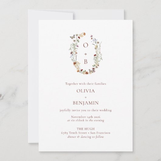 Moderne Boho Nature Wildblumen Monogram Wedding Einladung (Vorderseite)