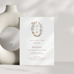 Moderne Boho Nature Wildblumen Monogram Wedding Einladung