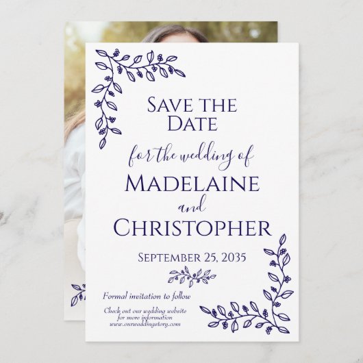 Moderne Boho Navy Blauer Botanischer Foto Hochzeit Save The Date (Vorne/Hinten)