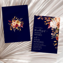 Moderne Boho Navy Blue Burnt Orange Floral Wedding