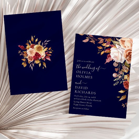Moderne Boho Navy Blue Burnt Orange Floral Wedding Einladung