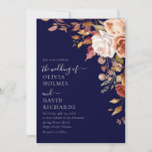 Moderne Boho Navy Blue Burnt Orange Floral Wedding Einladung (Vorderseite)