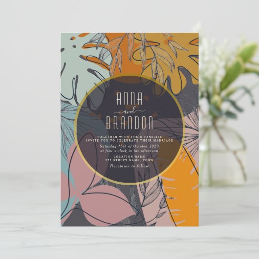 Moderne Boho Orange und Black Wedding Einladung (Stehend Vorderseite)