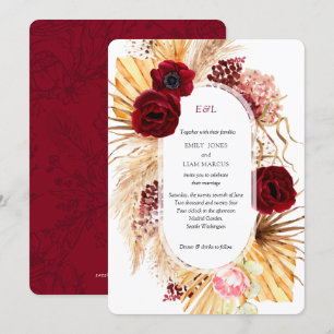 Moderne Boho Pampas Grass Burgundy Blumenhochzeit Einladung