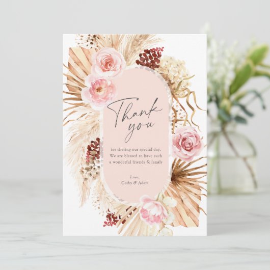 Moderne Boho Pampas Grass Watercolor Blumenhochzei Dankeskarte (Stehend Vorderseite)