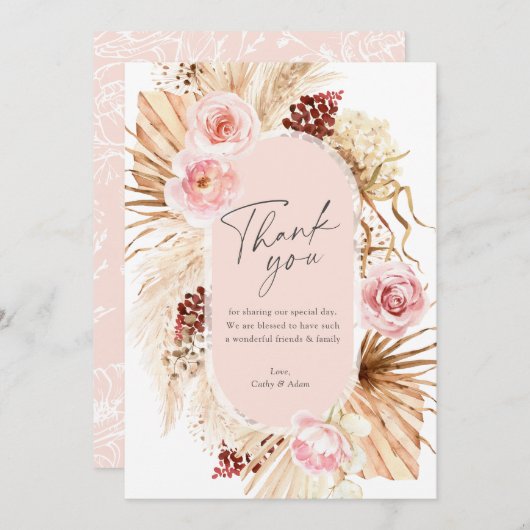 Moderne Boho Pampas Grass Watercolor Blumenhochzei Dankeskarte (Vorne/Hinten)