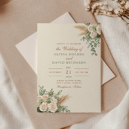 Moderne Boho Pampas Grass & White Rose Hochzeit Einladung
