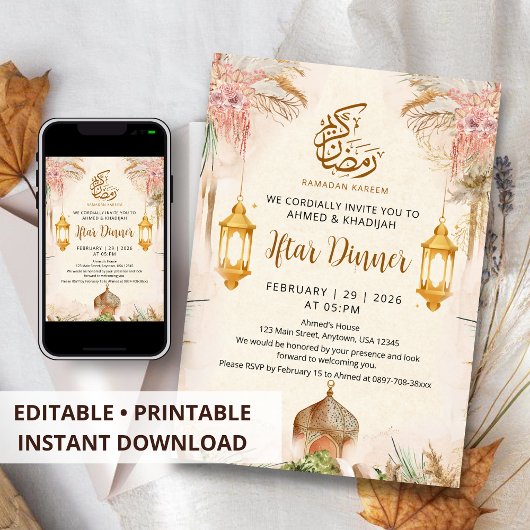 Moderne Boho Pampas und Goldlaterne Iftar-Dinner Einladung