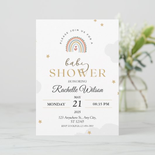Moderne Boho Rainbow Baby Dusche Einladung (Stehend Vorderseite)