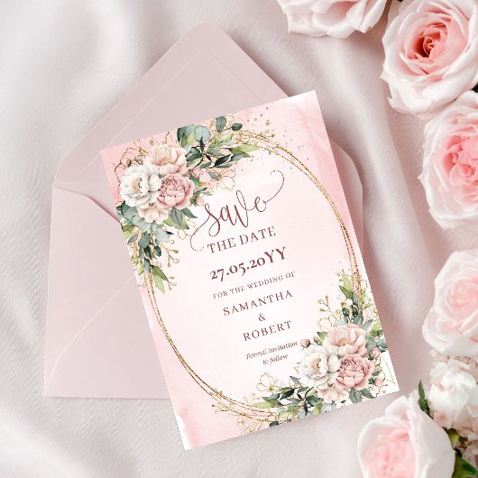 Moderne Boho-Rosé Grüne Hochzeitseinladung Save The Date