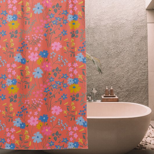 Moderne Boho Rote Blumen Wildblumen Duschvorhang