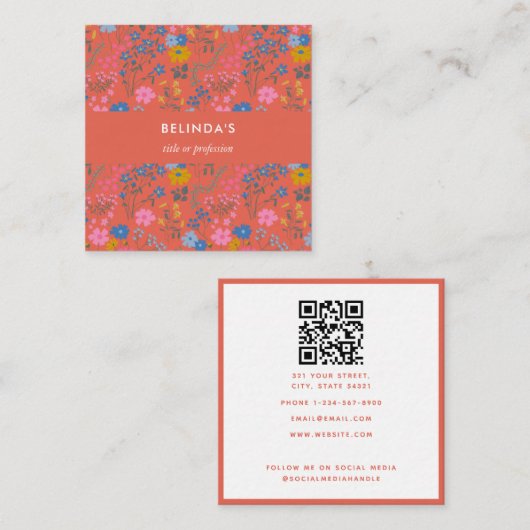 Moderne Boho rote Blumen Wildblumen QR-Code Quadratische Visitenkarte (Vorne/Hinten)