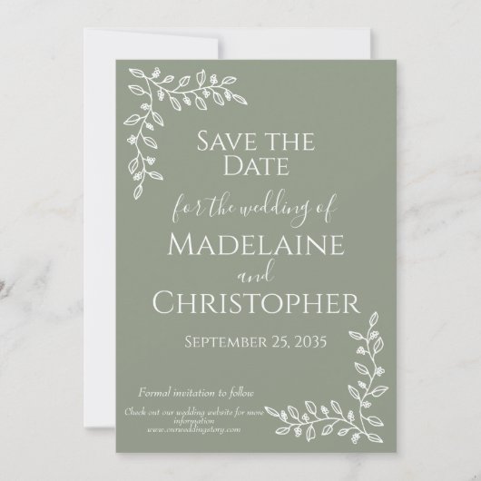 Moderne Boho Sage Grünes botanisches Foto Hochzeit Save The Date (Vorderseite)