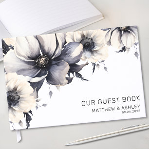 Moderne Boho Schwarz Weiße Blumige Hochzeit Gästebuch