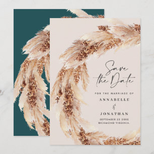 Moderne Boho-Teal-Pampas-Hochzeit - Rettet das Dat Einladung