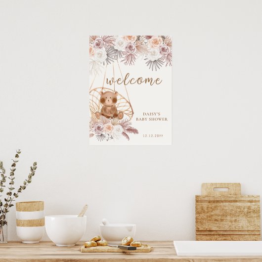 Moderne Boho Teddy Bear Pampas Baby Dusche Willkom Poster (Küche)