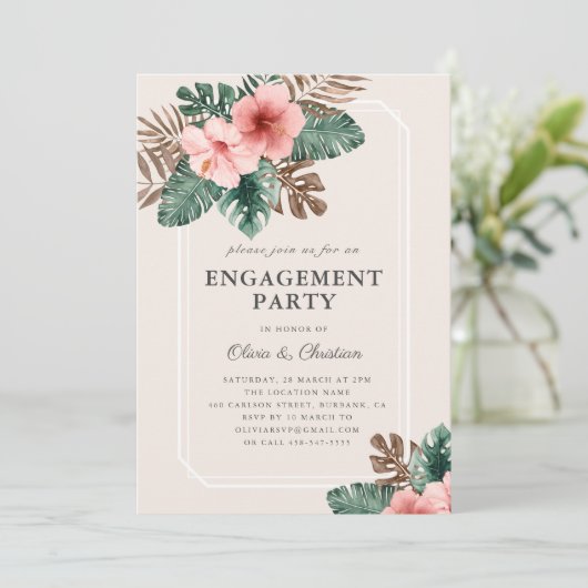 Moderne boho tropische florale Engagement Party Einladung (Stehend Vorderseite)
