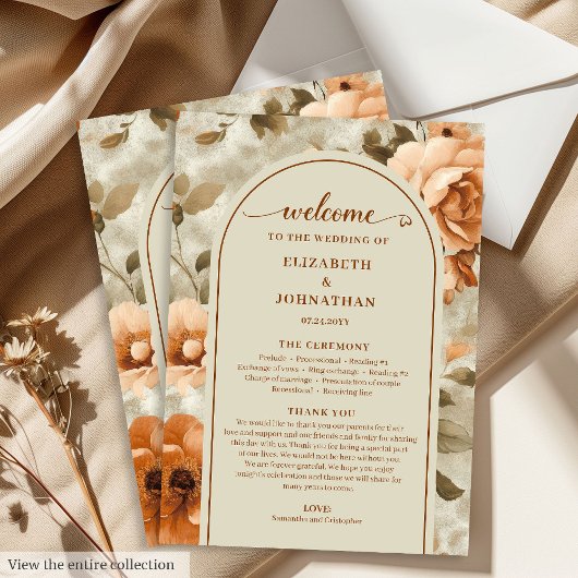 Moderne Boho verbrannte Orange Beige Salbei Hochze Programm