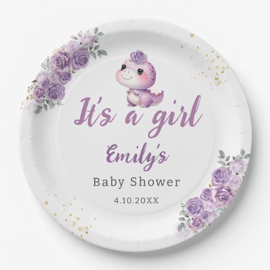 Moderne Boho-Wasserfarbe-Dinosaurier lila floral M Pappteller (Vorderseite)