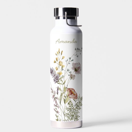 Moderne Boho Wasserfarben-Wildblumen mit Namen Trinkflasche (Links)