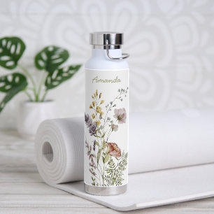 Moderne Boho Wasserfarben-Wildblumen mit Namen Trinkflasche