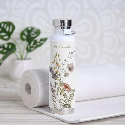 Moderne Boho Wasserfarben-Wildblumen mit Namen Trinkflasche (Yoga)