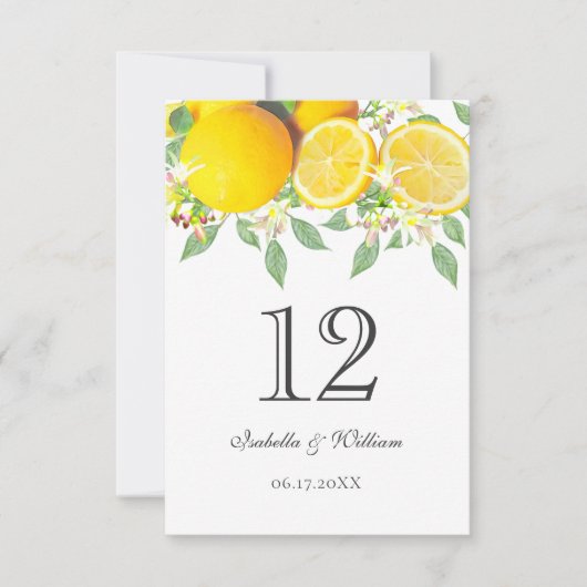 Moderne Boho Watercolor Lemon Wedding Table Card Einladung (Vorderseite)