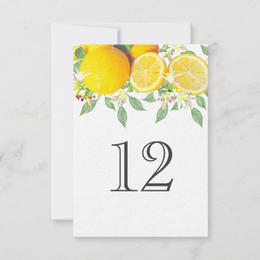 Moderne Boho Watercolor Lemon Wedding Tischnummer (Vorderseite)