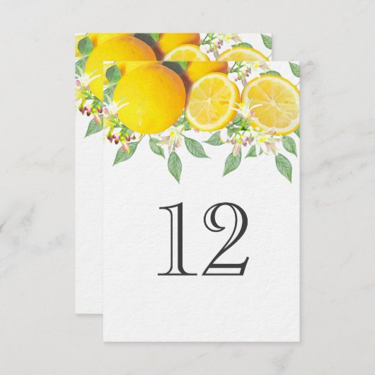 Moderne Boho Watercolor Lemon Wedding Tischnummer (Vorne/Hinten)