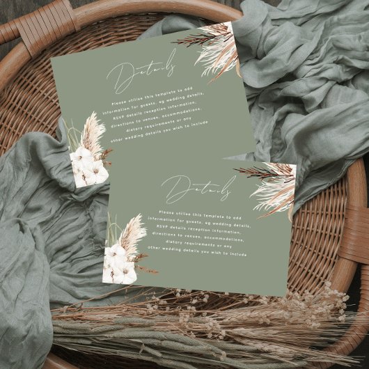 Moderne Boho White Floral Sage Green Wedding Detai Begleitkarte
