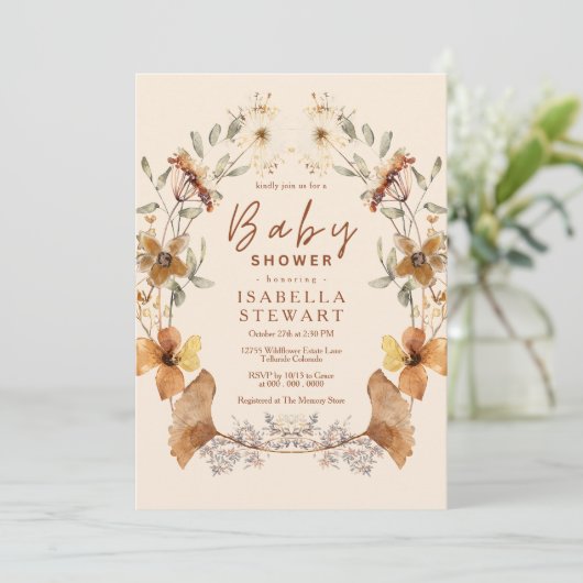 Moderne Boho Wildblume Elegante Babydusche Einladung (Stehend Vorderseite)