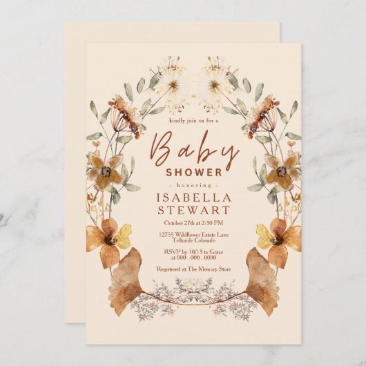 Moderne Boho Wildblume Elegante Babydusche Einladung (Vorne/Hinten)