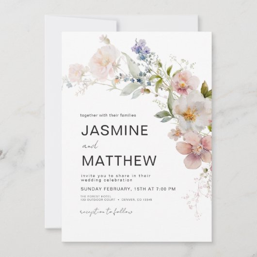 Moderne Boho Wildblume Wedding Elegant Einladung (Vorderseite)