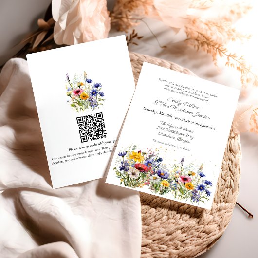 Moderne Boho-Wildblumen-QR-Code-Hochzeit Einladung