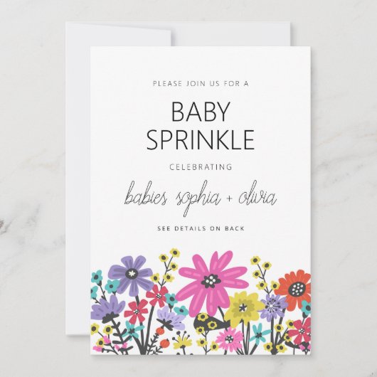 Moderne Boho Wildblumen Twin Baby Sprinkle Einladung (Vorderseite)