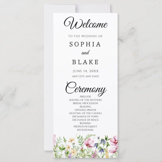 Moderne Boho-Wildblumengarten-Hochzeitsprogramm (Vorderseite)